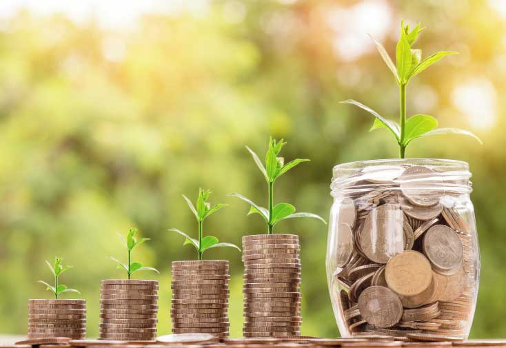 plants growing from larger piles of coins, and then a plant growing from a jar of coins